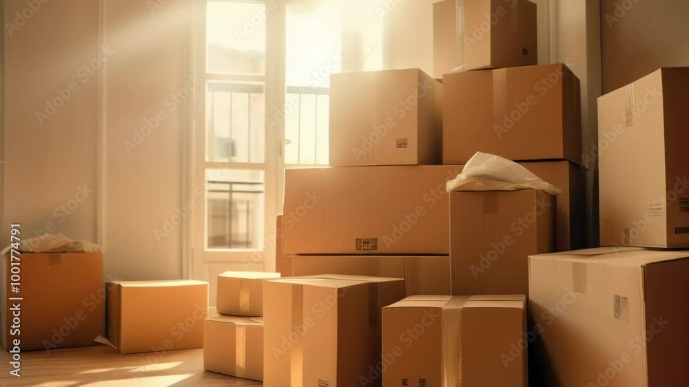 Neatly stacked moving boxes in a sunny room signal a fresh start in a new home Neatly stacked moving boxes in a sunny room signal a fresh start in a new home