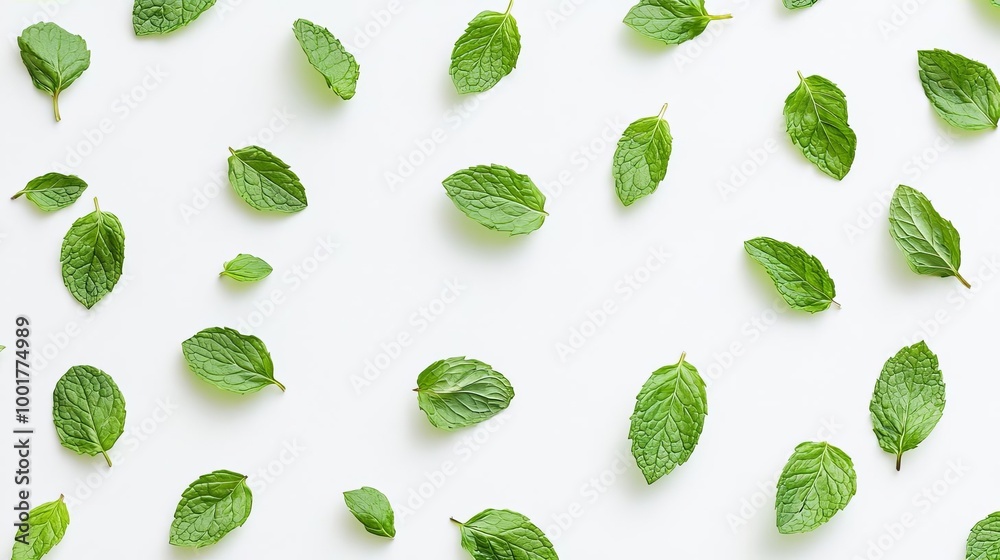 Fresh Mint Leaves Pattern on White Background Fresh Mint Leaves Pattern on White Background