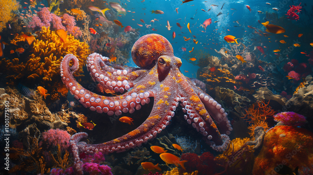 Red octopus in a vibrant coral reef with colorful tropical fish, demonstrating the underwater ecosystem. marine biodiversity and the beauty of ocean life. Red octopus in a vibrant coral reef with colorful tropical fish, demonstrating the underwater ecosystem. marine biodiversity and the beauty of ocean life.