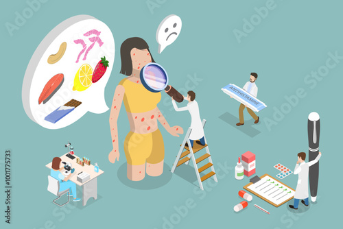 3D Isometric Flat Vector Illustration of Allergic Symptoms, Allergy Diagnosis At Allergists Examination