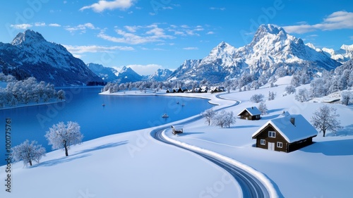 Serene Winter Morning in a Snowy Village - Scenic Panoramic Landscape with Majestic Mountains and Soft Sunlight, Copy Space