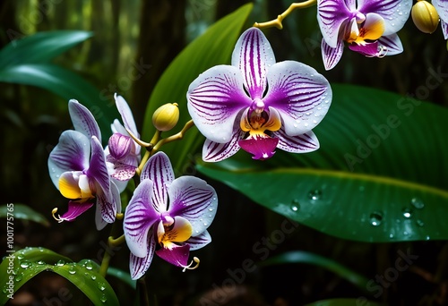 Purplespotted Orchid blooms amidst lush green foliage in a tropical rainforest photo