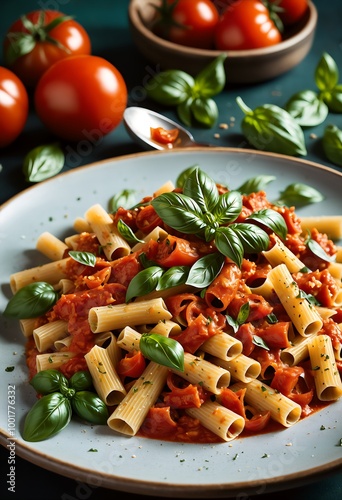 delicious tomatobased pasta dish with basil leaves and parmesan cheese photo