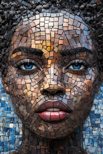 The artwork displays a stunning mosaic representation of a woman's face, featuring intricate tile arrangements and striking blue eyes photo