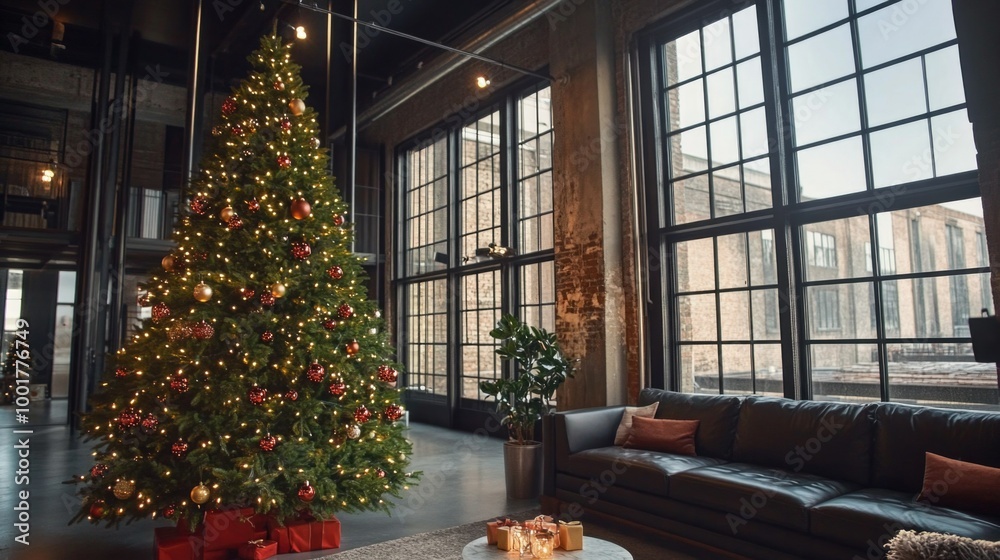 Cozy living room with decorated christmas tree and gifts by the window in loft apartment, new year atmosphere