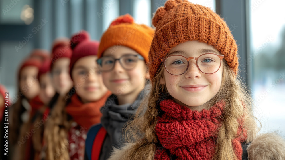 A group of children stands in line, wearing vibrant winter hats and scarves, exuding happiness and camaraderie in a chilly environment A group of children stands in line, wearing vibrant winter hats and scarves, exuding happiness and camaraderie in a chilly environment
