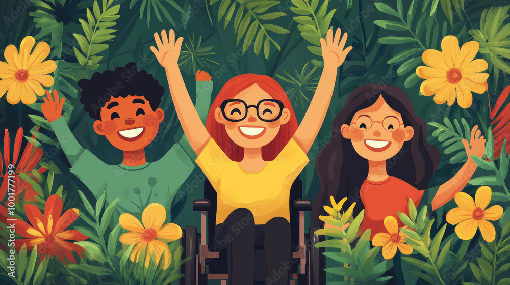 Naklejka premium Three friends express happiness while surrounded by tropical plants and bright flowers, enjoying a delightful moment on a sunny day