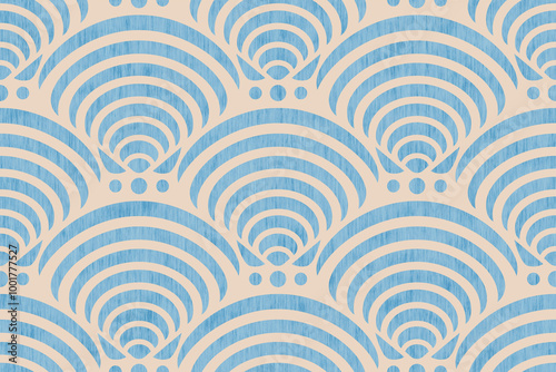 Retro seamless marine pattern with blue shells. Vintage geometric pattern of oysters in 60s style.