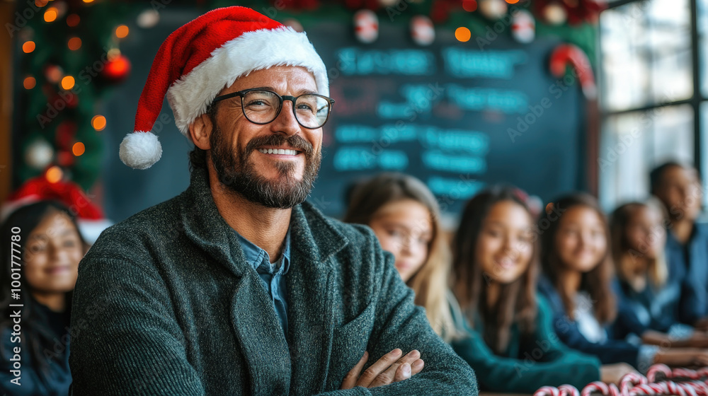 A joyful man in glasses dons a Santa hat as he smiles at children gathered around him during a festive holiday celebration indoors A joyful man in glasses dons a Santa hat as he smiles at children gathered around him during a festive holiday celebration indoors