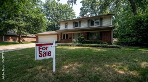 A bright For Sale sign stands in front of a newly painted two-story home in a suburban neighborhood. The well-kept lawn and inviting porch enhance the charm of the property photo