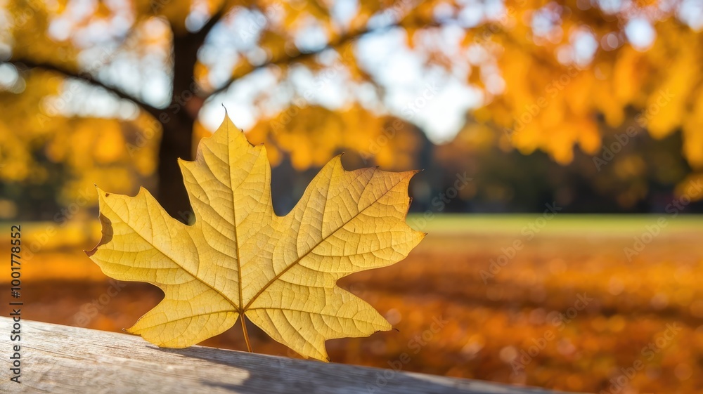 A close-up photo of a bright yellow autumn leaf with intricate veins. The leaf is placed on a wooden surface. In the background, there's a blurred bokeh background with an orange tree and its leaves. A close-up photo of a bright yellow autumn leaf with intricate veins. The leaf is placed on a wooden surface. In the background, there's a blurred bokeh background with an orange tree and its leaves.