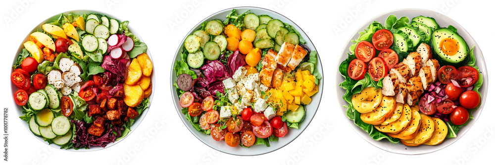 collection Set Fresh Cobb salad with vibrant greens, colorful vegetables, and protein elements on a white plate on a transparent background cutout collection Set Fresh Cobb salad with vibrant greens, colorful vegetables, and protein elements on a white plate on a transparent background cutout