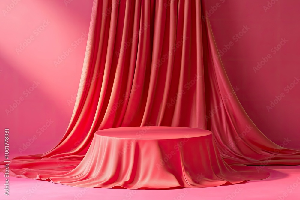 Cylinder podium covered with red cloth on viva magenta background. Premium empty fabric pedestal for product display. with generative ai