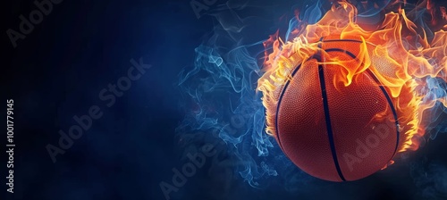 Fiery basketball against dark blue background: Dynamic sports imagery