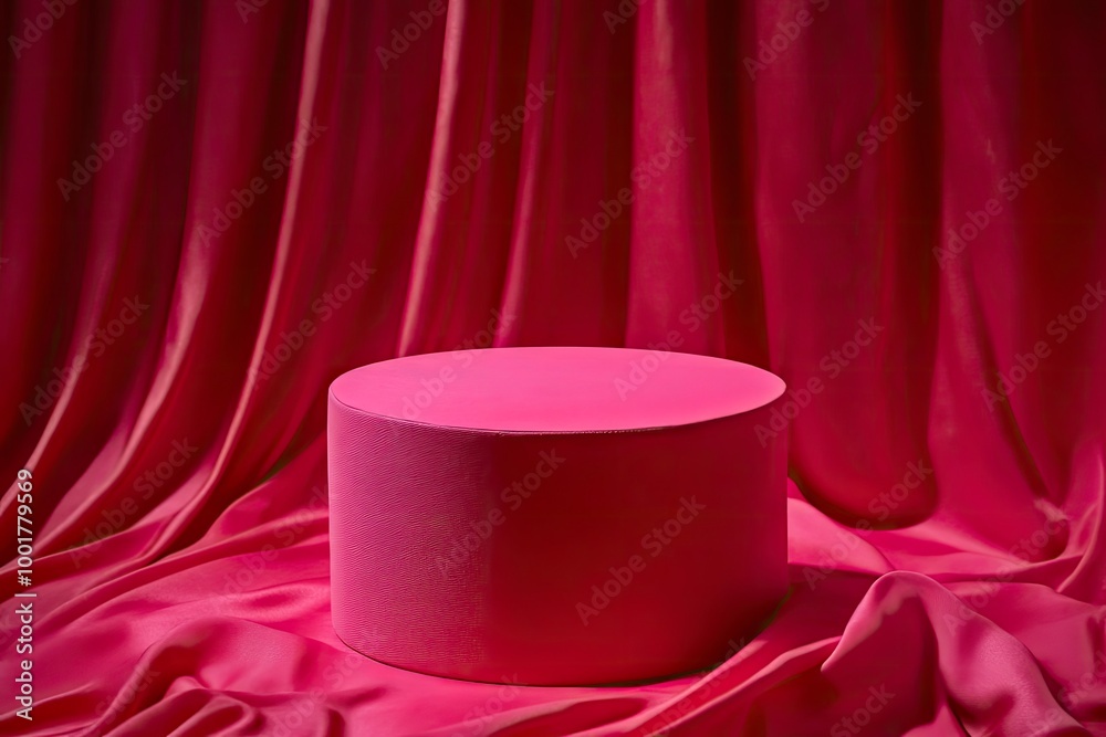 Cylinder podium covered with red cloth on viva magenta background. Premium empty fabric pedestal for product display. with generative ai Cylinder podium covered with red cloth on viva magenta background. Premium empty fabric pedestal for product display. with generative ai