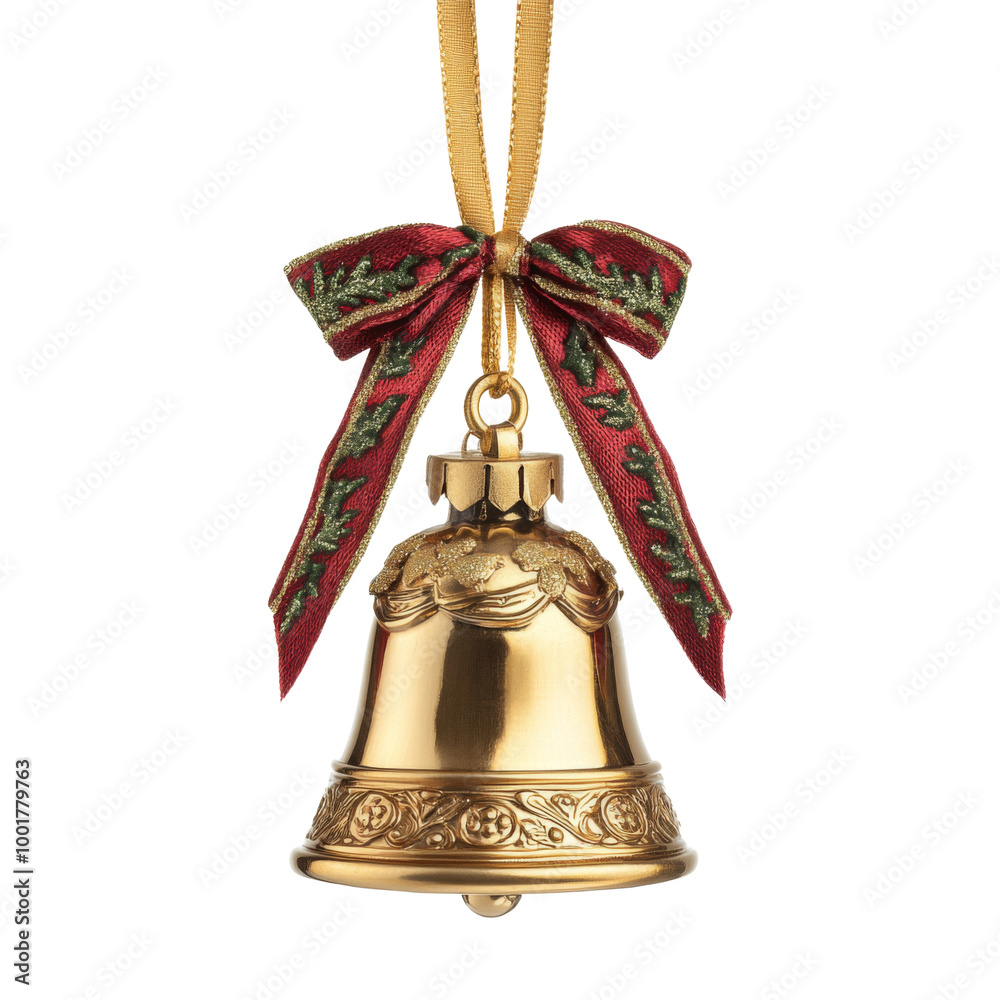 A golden bell with a red ribbon hangs against on transparent background.