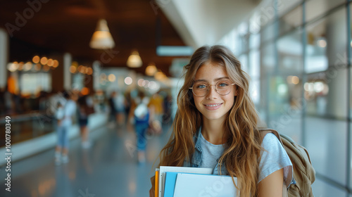 Attractive female student with glasses stands in front of a window in a higher education institution. Quality education and interesting life. photo