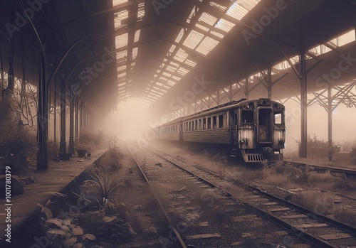 Old abandoned railway station, rusty train standing on the rails. The area and dilapidated buildings are shrouded in mystical darkness and fog. Illustration by Generative AI. photo