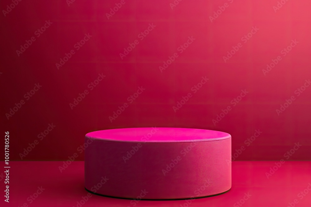 Cylinder podium covered with red cloth on viva magenta background. Premium empty fabric pedestal for product display. with generative ai Cylinder podium covered with red cloth on viva magenta background. Premium empty fabric pedestal for product display. with generative ai