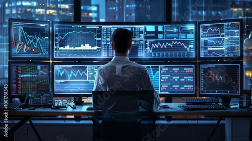 A man sits in front of multiple computer monitors displaying stock market data. He is analyzing the graphs and charts.