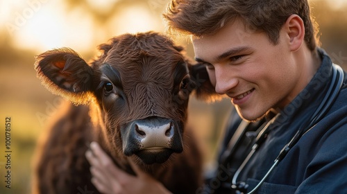 A young man with a stethoscope around his neck smiles at a brown calf he is holding.