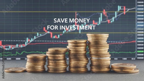 A photo of a stack of coins with a trading chart in the background. The coins are arranged in a pyramid shape, with the largest coins at the bottom and the smallest at the top. The trading chart has a