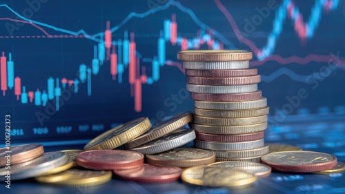 A photo of a stack of coins with a trading chart in the background. The chart has a financial, stock market, wealth economy, interest rate, Inflation, and tax theme. The overall image is related to sa