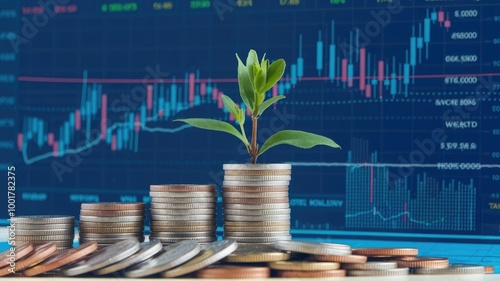 Save money for investment concept. Stack of coins with trading chart in financial, stock market, wealth economy, interest rate, Inflation and tax. Saving money, long term investment