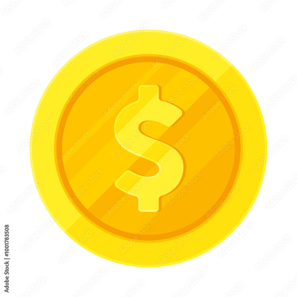 Gold coin with dollar sign. Economy, finance, investment, profit, money, currency concept. Flat vector illustration isolated on white background Gold coin with dollar sign. Economy, finance, investment, profit, money, currency concept. Flat vector illustration isolated on white background