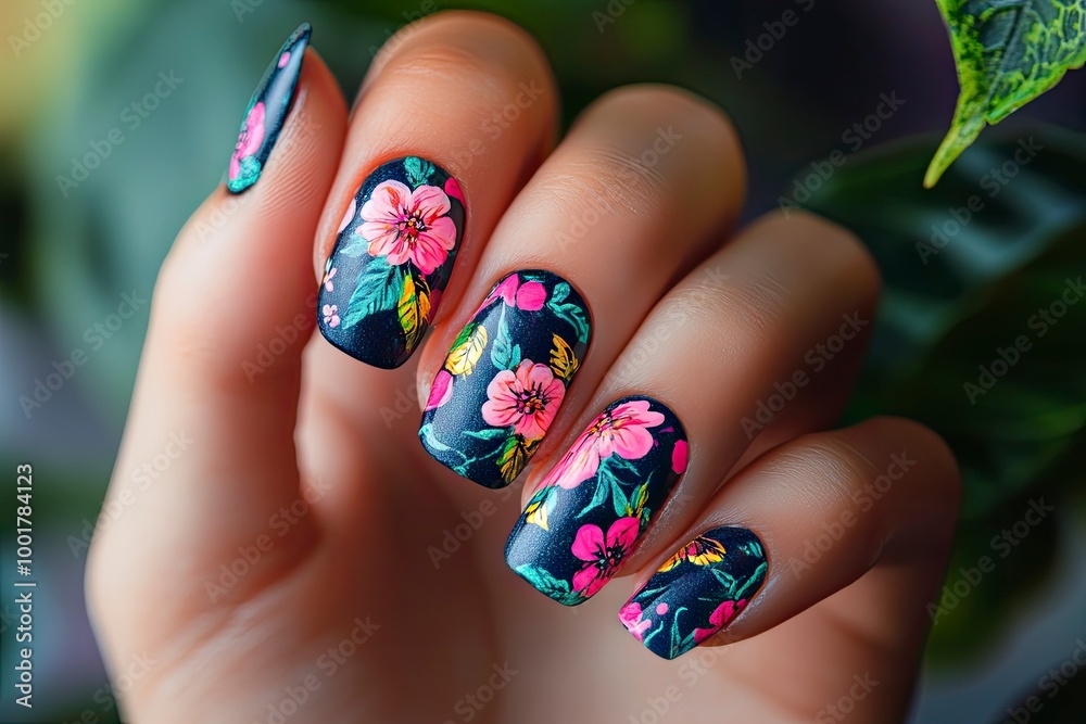 Female hand with beautiful floral manicure. Nail art with cute painted flowers. with generative ai Female hand with beautiful floral manicure. Nail art with cute painted flowers. with generative ai