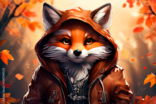 Little fox in jacket and hood in cartoon style on autumn background