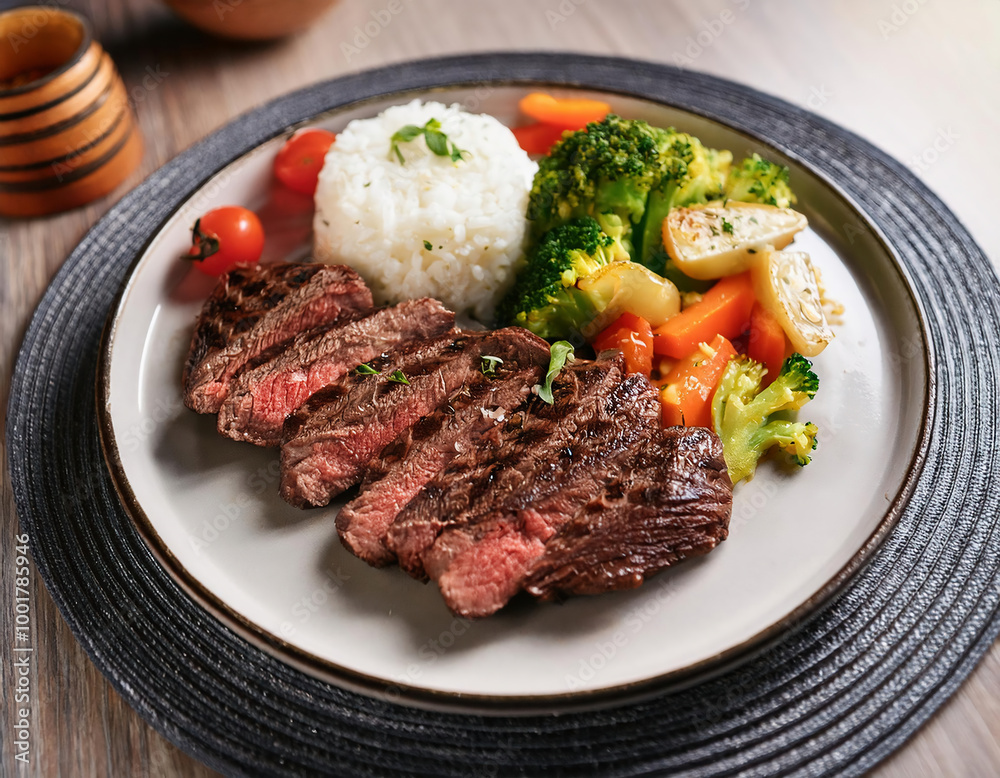Delicious grilled beef steak with rice and vegetables on plate, closeup Delicious grilled beef steak with rice and vegetables on plate, closeup