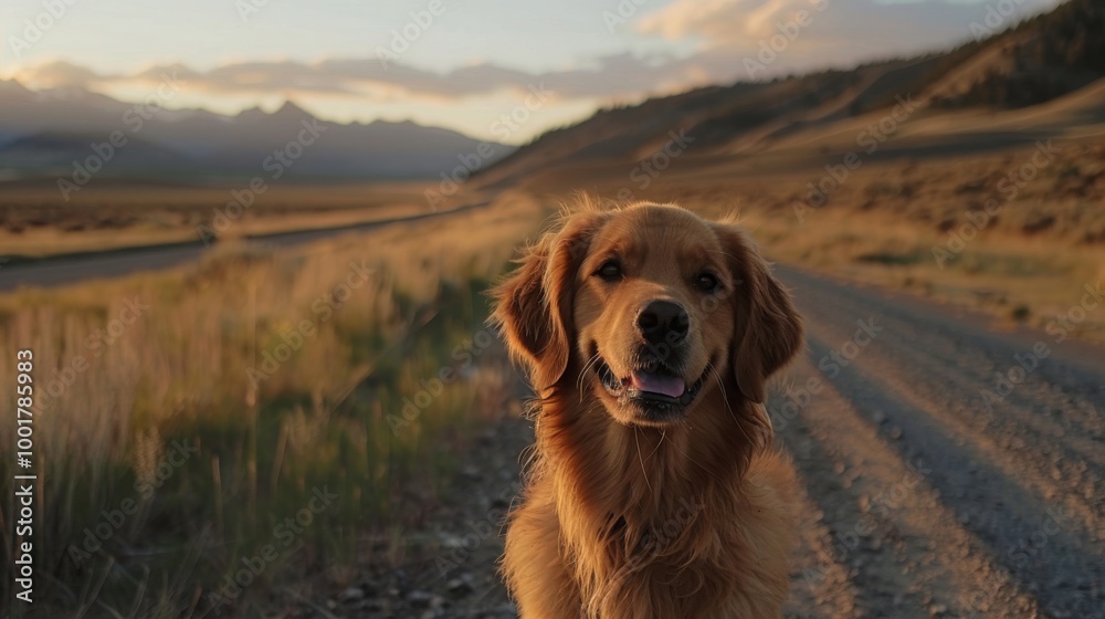 Obraz premium A golden retriever dog smiles at the camera on a dirt road with mountains in the background.