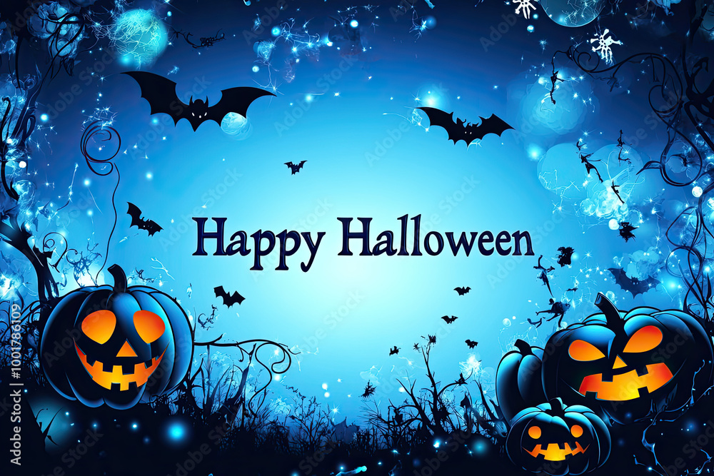 Fototapeta premium Happy Halloween in blue space with pumpkin, skull and bat spooky elements for scary night decoration.
