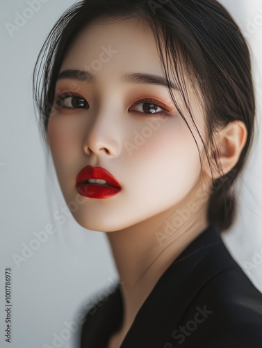 Gorgeous Young Asian female close up face with perfect make-up and red lips. Beautiful woman in black suits look confidence and charming. with generative ai