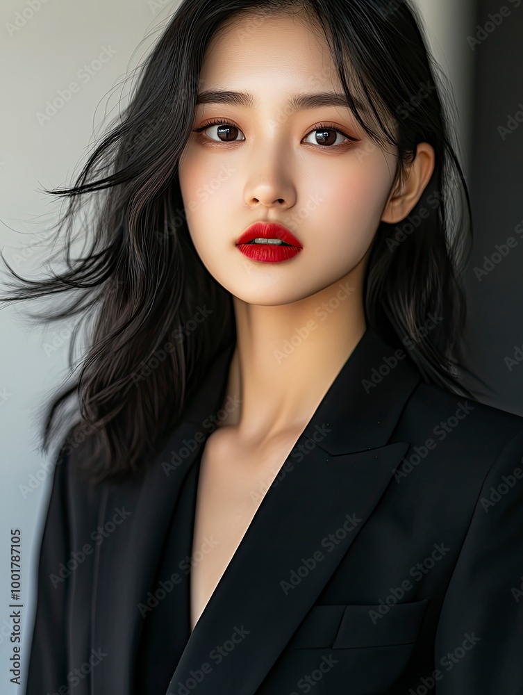 Gorgeous Young Asian female close up face with perfect make-up and red lips. Beautiful woman in black suits look confidence and charming. with generative ai Gorgeous Young Asian female close up face with perfect make-up and red lips. Beautiful woman in black suits look confidence and charming. with generative ai