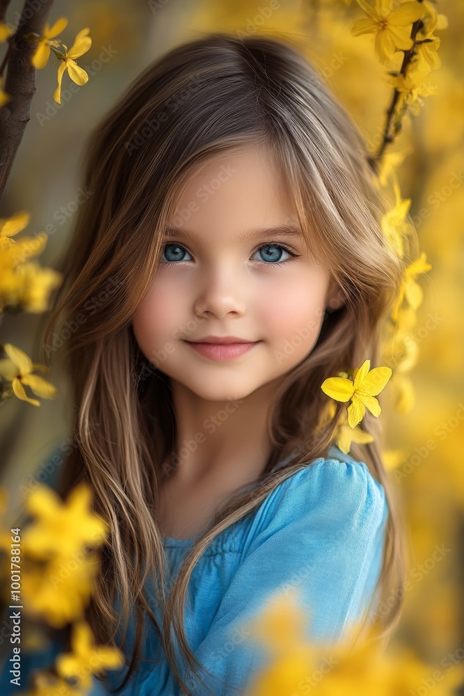 Forsythia blossoms surround a portrait of a young girl in spring. Forsythia blossoms surround a portrait of a young girl in spring.