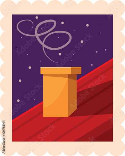 Christmas vector illustration in the form of a postage stamp with a chimney on the roof and smoke coming out of it