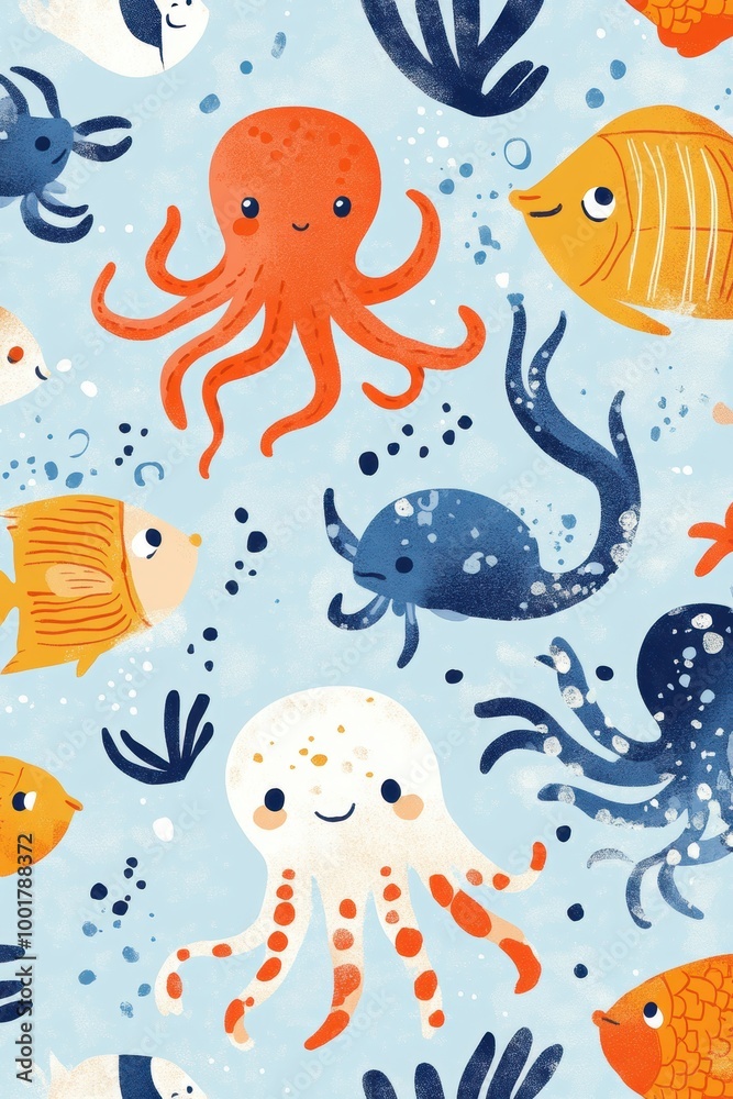 underwater creatures, lively ocean design featuring octopuses, squids, and fish on a light blue backdrop, creating a playful vibe underwater creatures, lively ocean design featuring octopuses, squids, and fish on a light blue backdrop, creating a playful vibe
