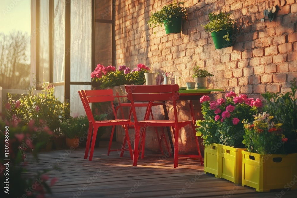 Naklejka premium Large variety of herbs and flowers in pots on the balcony
