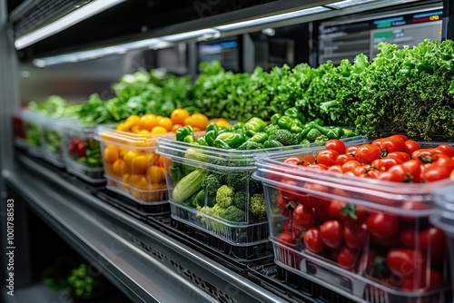 Fresh produce displayed in a supermarket refrigerator, showcasing colorful vegetables like tomatoes, peppers, and lettuce.