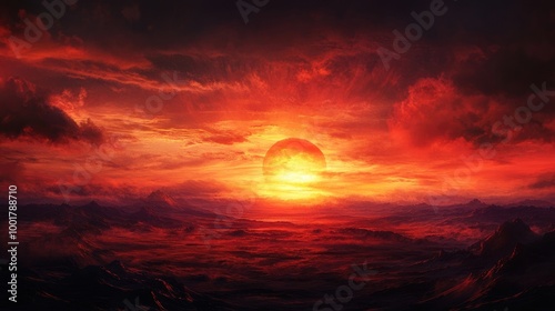 Dramatic red sunset over open wilderness