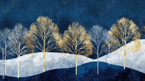 Elegant abstract design of winter trees in gold and blue