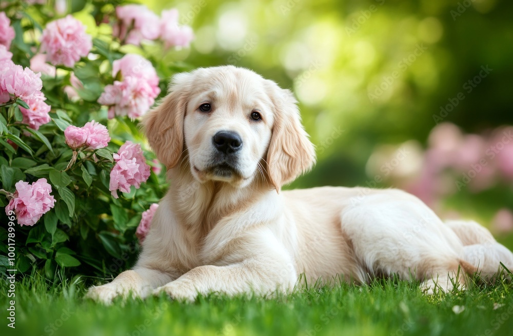 Golden Retriever puppy on grass with flowers in background Golden Retriever puppy on grass with flowers in background