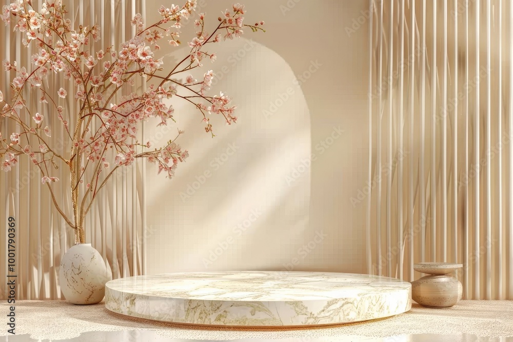 A serene exhibition space featuring an elegant marble pedestal surrounded by delicate cherry blossom branches in soft natural light. Generative AI