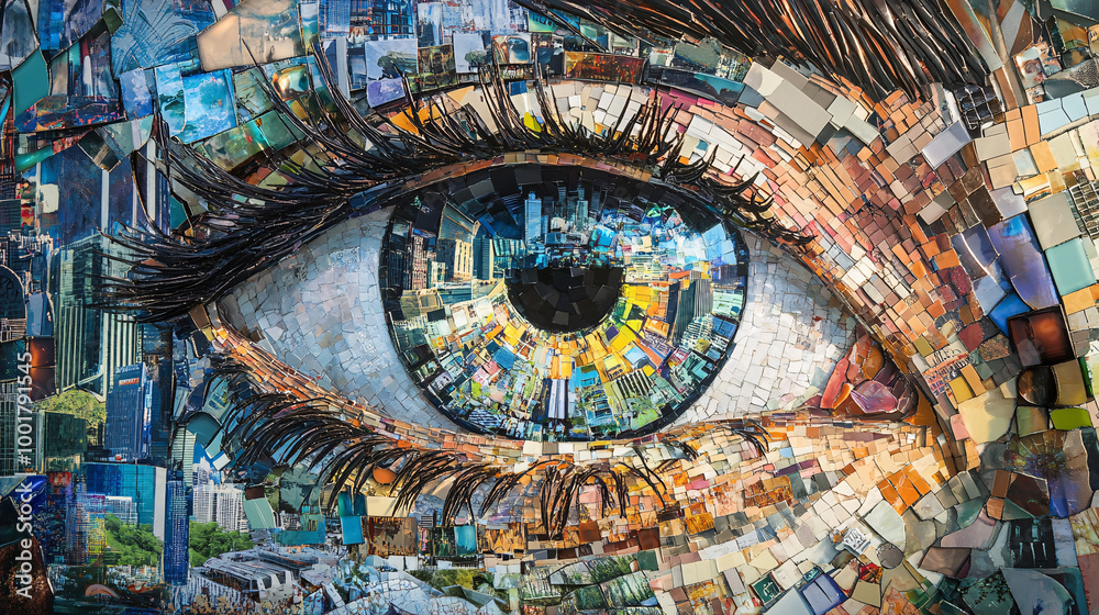 Surreal Mosaic Eye with Colorful Tiles Featuring Cityscape and Building Details in a Modern Artistic Design Surreal Mosaic Eye with Colorful Tiles Featuring Cityscape and Building Details in a Modern Artistic Design