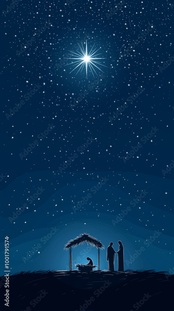 Starry night in Bethlehem, birth of Jesus Christ in humble barn shines ...