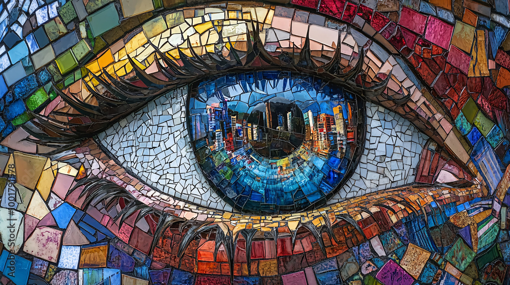 Obraz premium Surreal Mosaic Eye with Colorful Tiles Featuring Cityscape and Building Details in a Modern Artistic Design