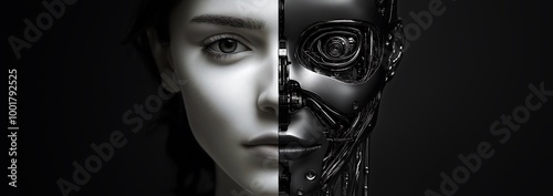 female humanoid robot with half its face being human and the other side showing mechanical parts, split in two to symbolize artificial intelligence's duality. Web banner in black and white