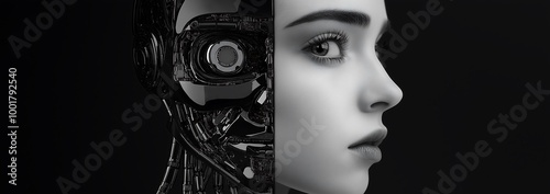 female humanoid robot with half its face being human and the other side showing mechanical parts, split in two to symbolize artificial intelligence's duality. Web banner in black and white